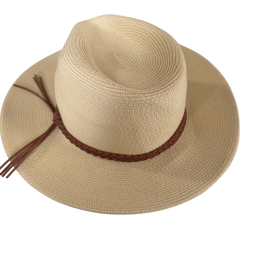 Furtalk Tan Summer Wide Brim Panama Fedora Faux Leather Trim Beachy Vacation